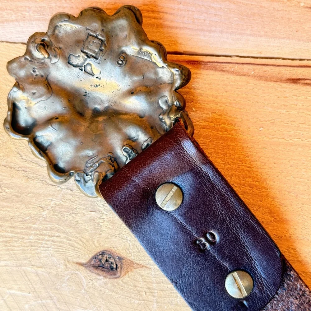 Vintage Western Cowgirl Leather Belt Chunky Brass Flower Buckle Boho Size 30